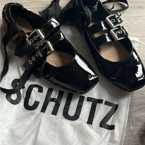 SCHUTZ Shiny Black Ballet Flats with Buckles